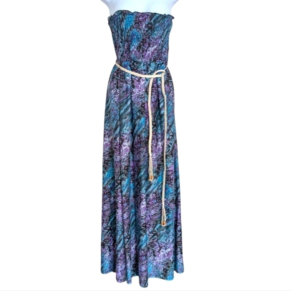 No Boundaries Dresses & Skirts - y2k No Boundaries Blue Purple Smocked Strapless Dress with Cord Waist Tie Size M